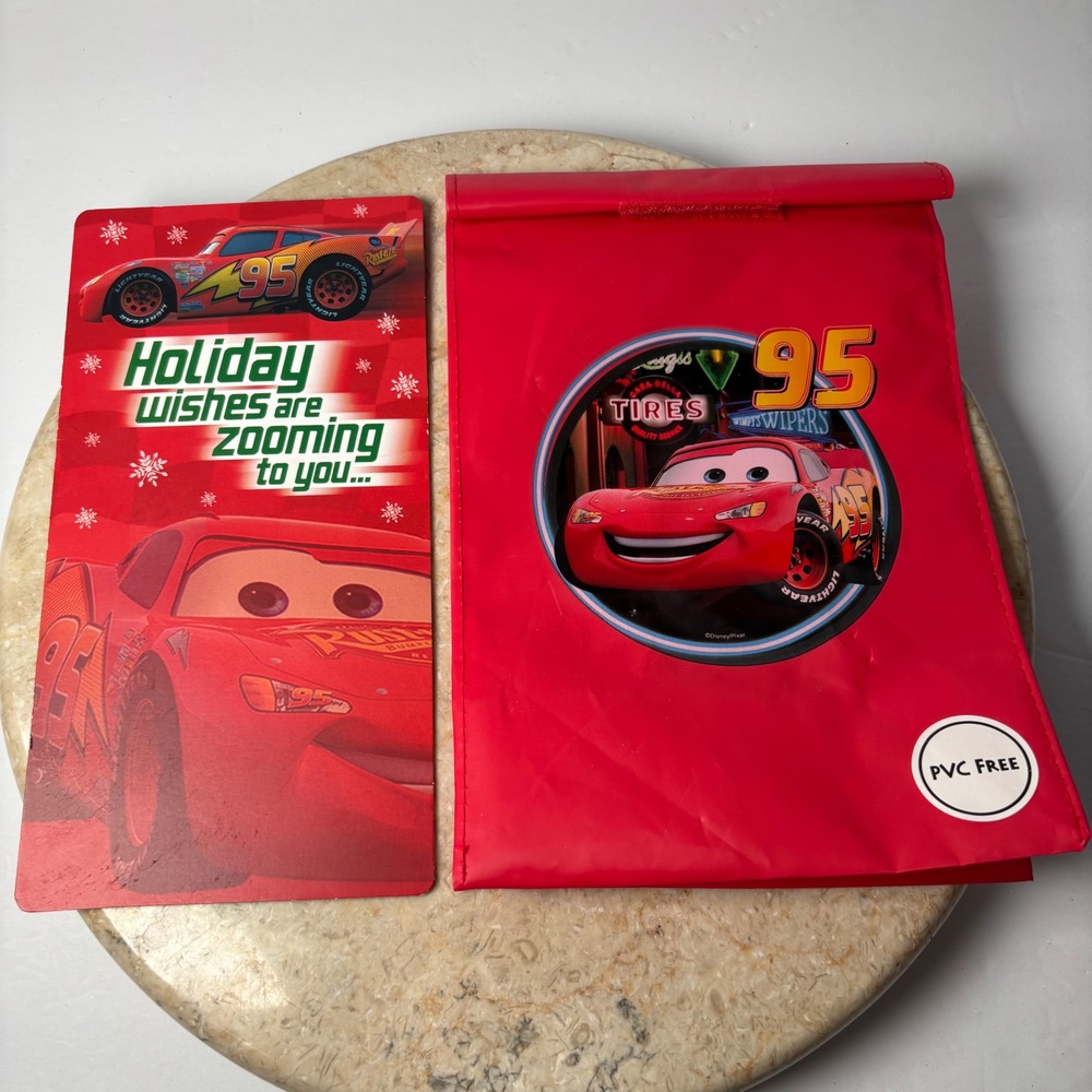 Disney Pixar Cars Reusable Lunch Bag & Hallmark Money Card Lightning McQueen VTG